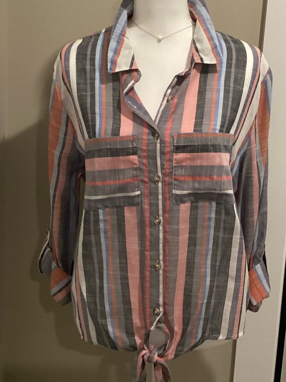 Francesca's Collections Striped Button-Front Tie Hem Blouse - Pink, Gray & Blue